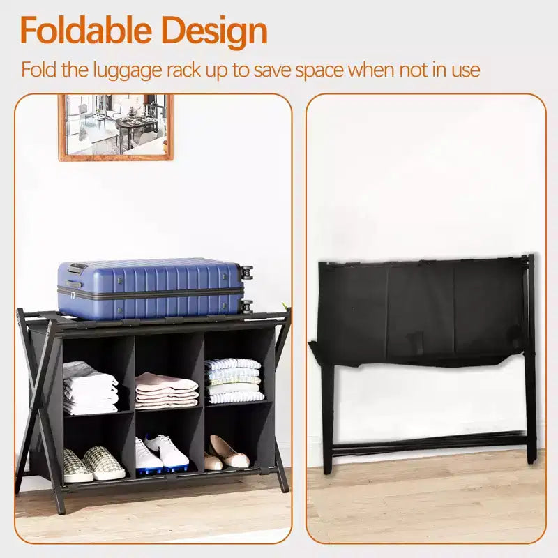 Narwey Luggage Rack for Guest Room, Folding Suitcase Stand with 6-Cube Fabric Storage Shelf, Luggage Holder, Steel Foldable Luggage Stand