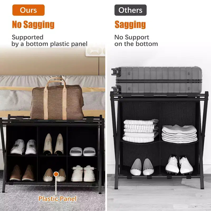 Narwey Luggage Rack for Guest Room, Folding Suitcase Stand with 6-Cube Fabric Storage Shelf, Luggage Holder, Steel Foldable Luggage Stand
