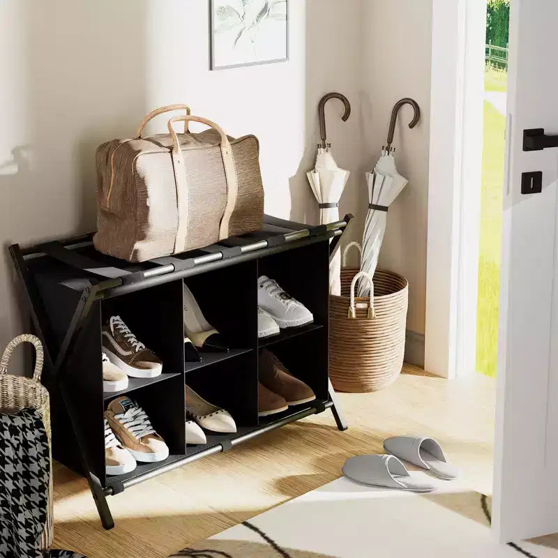 Narwey Luggage Rack for Guest Room, Folding Suitcase Stand with 6-Cube Fabric Storage Shelf, Luggage Holder, Steel Foldable Luggage Stand