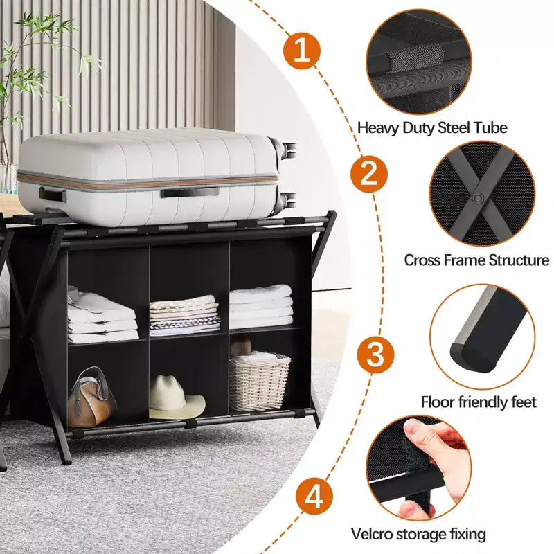 Narwey Luggage Rack for Guest Room, Folding Suitcase Stand with 6-Cube Fabric Storage Shelf, Luggage Holder, Steel Foldable Luggage Stand