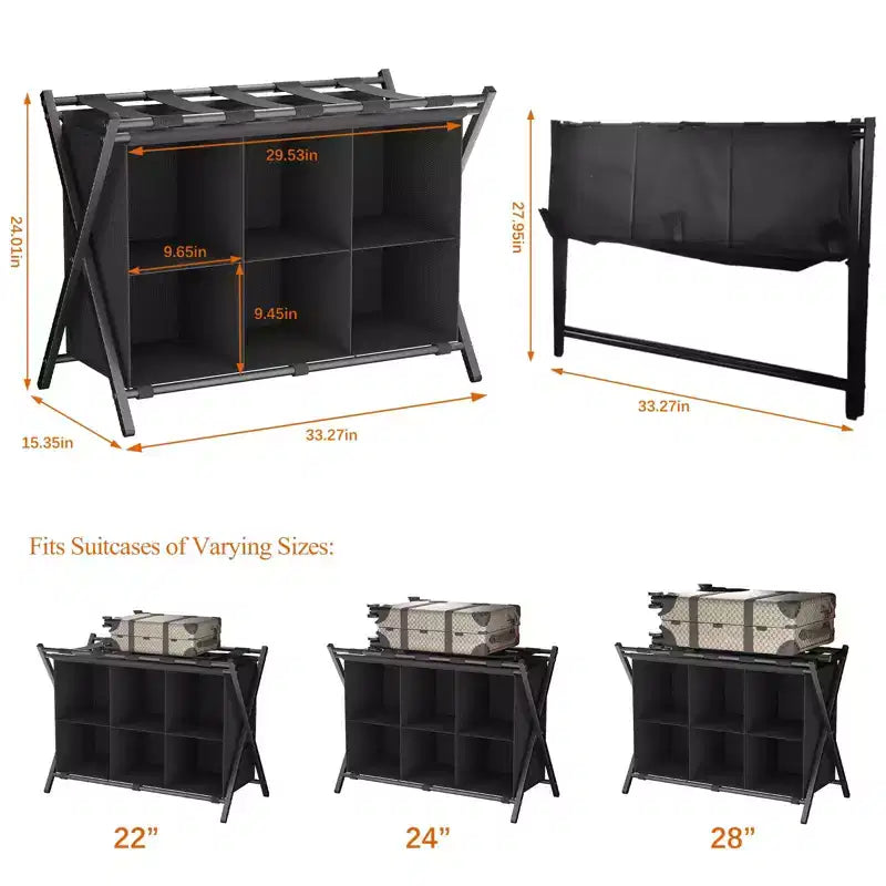Narwey Luggage Rack for Guest Room, Folding Suitcase Stand with 6-Cube Fabric Storage Shelf, Luggage Holder, Steel Foldable Luggage Stand