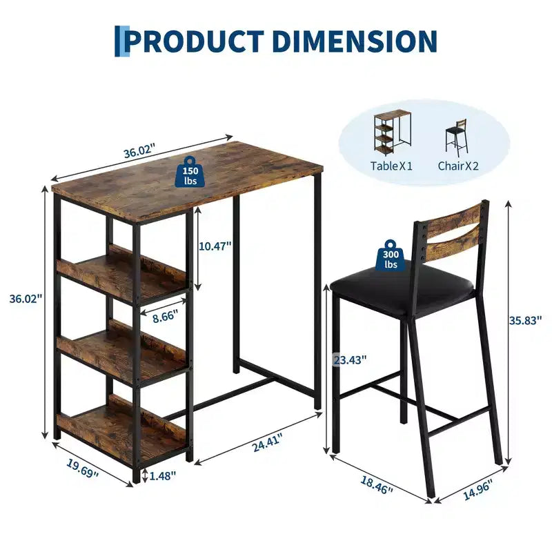 Set da 3 pezzi tavolo da cucina con ripiani e 2 sedie imbottite - Tavolo da pranzo in ferro e legno per piccoli spazi, appartamenti, monolocali