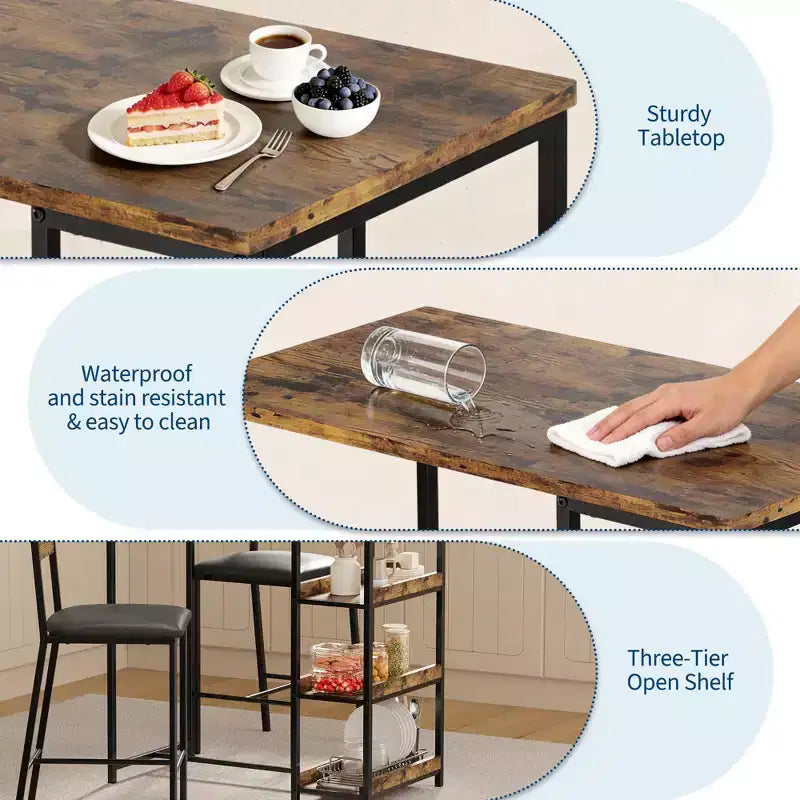 Set da 3 pezzi tavolo da cucina con ripiani e 2 sedie imbottite - Tavolo da pranzo in ferro e legno per piccoli spazi, appartamenti, monolocali
