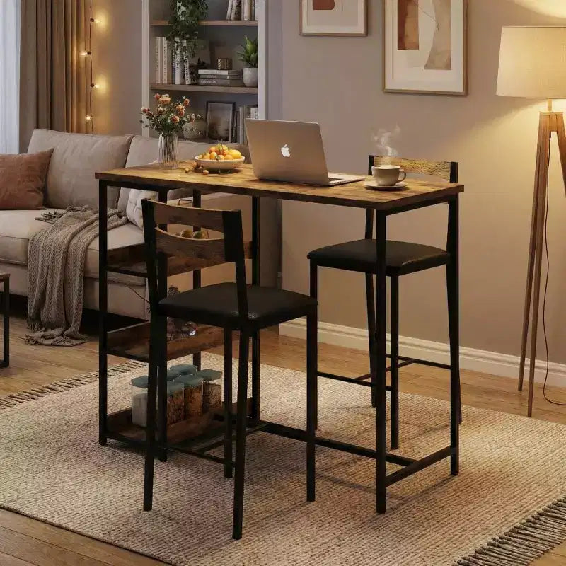 Set da 3 pezzi tavolo da cucina con ripiani e 2 sedie imbottite - Tavolo da pranzo in ferro e legno per piccoli spazi, appartamenti, monolocali