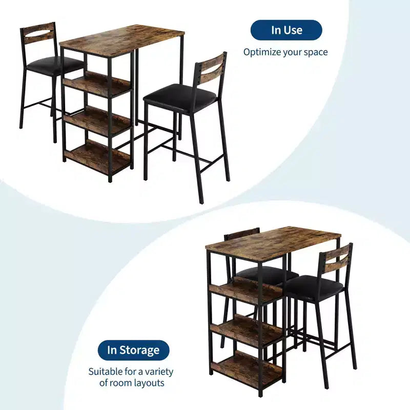 Set da 3 pezzi tavolo da cucina con ripiani e 2 sedie imbottite - Tavolo da pranzo in ferro e legno per piccoli spazi, appartamenti, monolocali