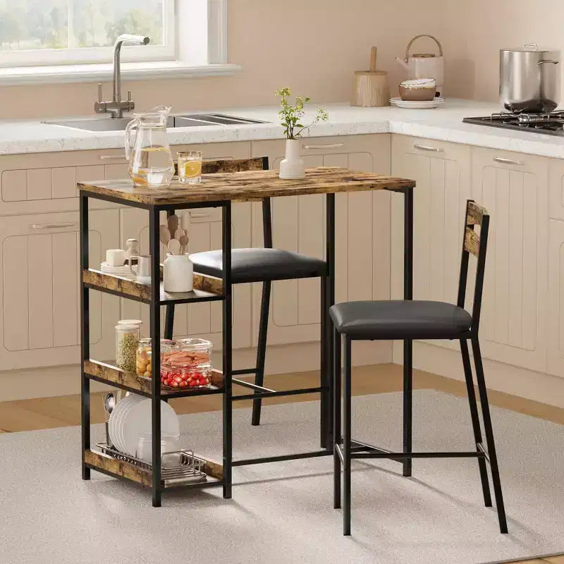 Set da 3 pezzi tavolo da cucina con ripiani e 2 sedie imbottite - Tavolo da pranzo in ferro e legno per piccoli spazi, appartamenti, monolocali