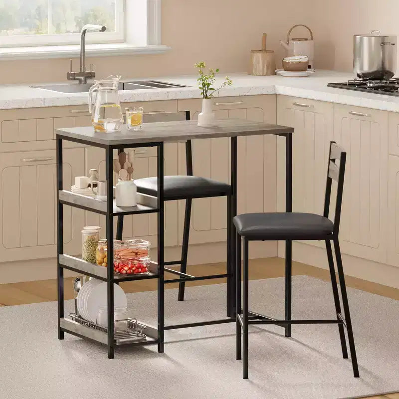 Set da 3 pezzi tavolo da cucina con ripiani e 2 sedie imbottite - Tavolo da pranzo in ferro e legno per piccoli spazi, appartamenti, monolocali