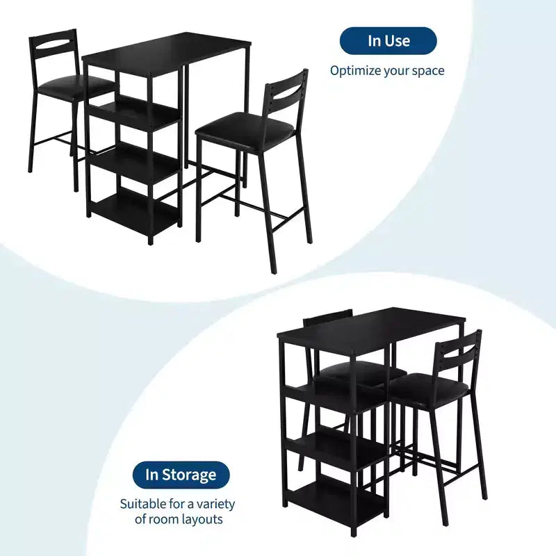 Set da 3 pezzi tavolo da cucina con ripiani e 2 sedie imbottite - Tavolo da pranzo in ferro e legno per piccoli spazi, appartamenti, monolocali