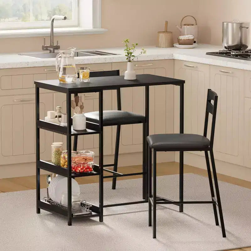 Set da 3 pezzi tavolo da cucina con ripiani e 2 sedie imbottite - Tavolo da pranzo in ferro e legno per piccoli spazi, appartamenti, monolocali