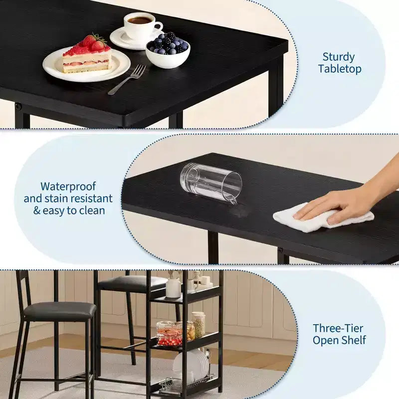 Set da 3 pezzi tavolo da cucina con ripiani e 2 sedie imbottite - Tavolo da pranzo in ferro e legno per piccoli spazi, appartamenti, monolocali