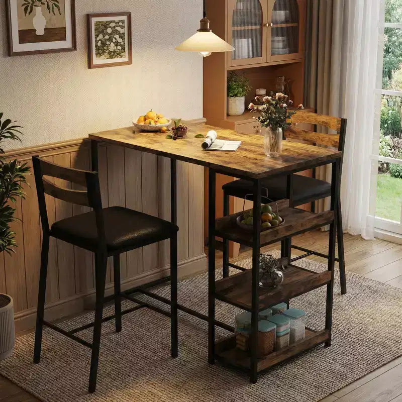 Set da 3 pezzi tavolo da cucina con ripiani e 2 sedie imbottite - Tavolo da pranzo in ferro e legno per piccoli spazi, appartamenti, monolocali