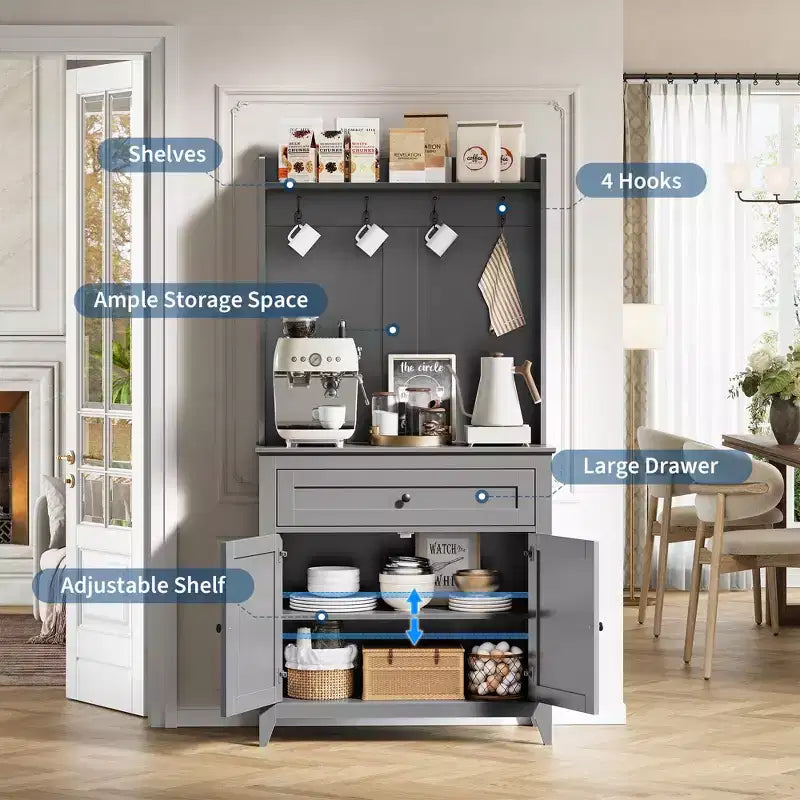 Dispensa a colonna da 160 cm con 4 ganci, 1 cassetto grande, ripiani regolabili per soggiorno, sala da pranzo