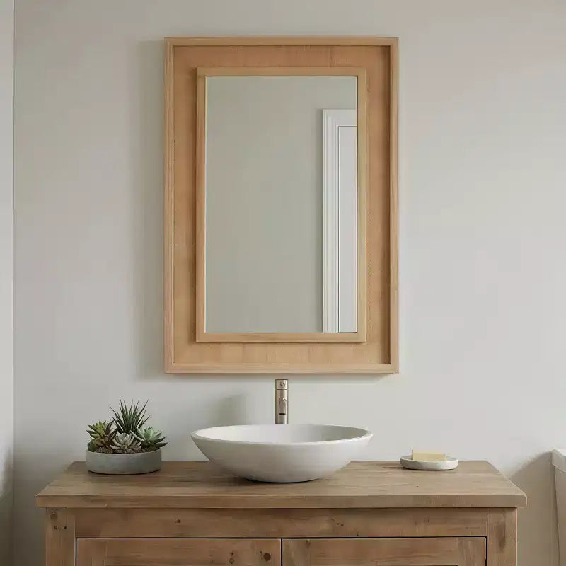 Specchio decorativo rettangolare in rattan con cornice in legno massello, per fattoria, bagno, decorazione per la casa, ingresso