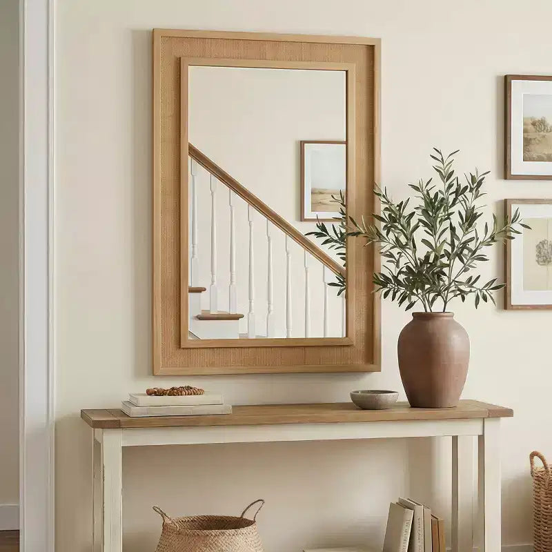 Specchio decorativo rettangolare in rattan con cornice in legno massello, per fattoria, bagno, decorazione per la casa, ingresso