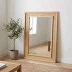 Specchio decorativo rettangolare in rattan con cornice in legno massello, per fattoria, bagno, decorazione per la casa, ingresso