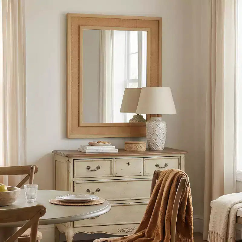 Specchio decorativo rettangolare in rattan con cornice in legno massello, per fattoria, bagno, decorazione per la casa, ingresso