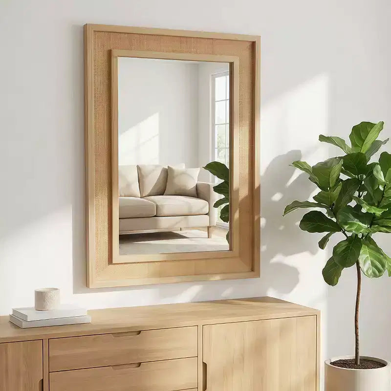 Specchio decorativo rettangolare in rattan con cornice in legno massello, per fattoria, bagno, decorazione per la casa, ingresso