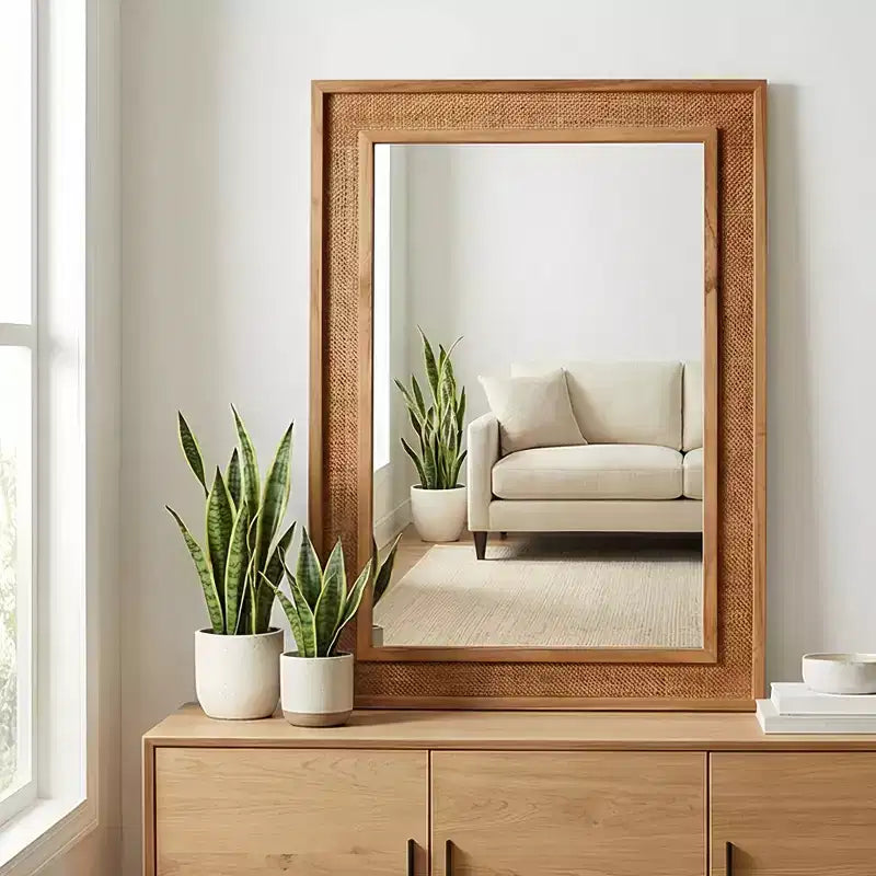 Specchio decorativo rettangolare in rattan con cornice in legno massello, per fattoria, bagno, decorazione per la casa, ingresso