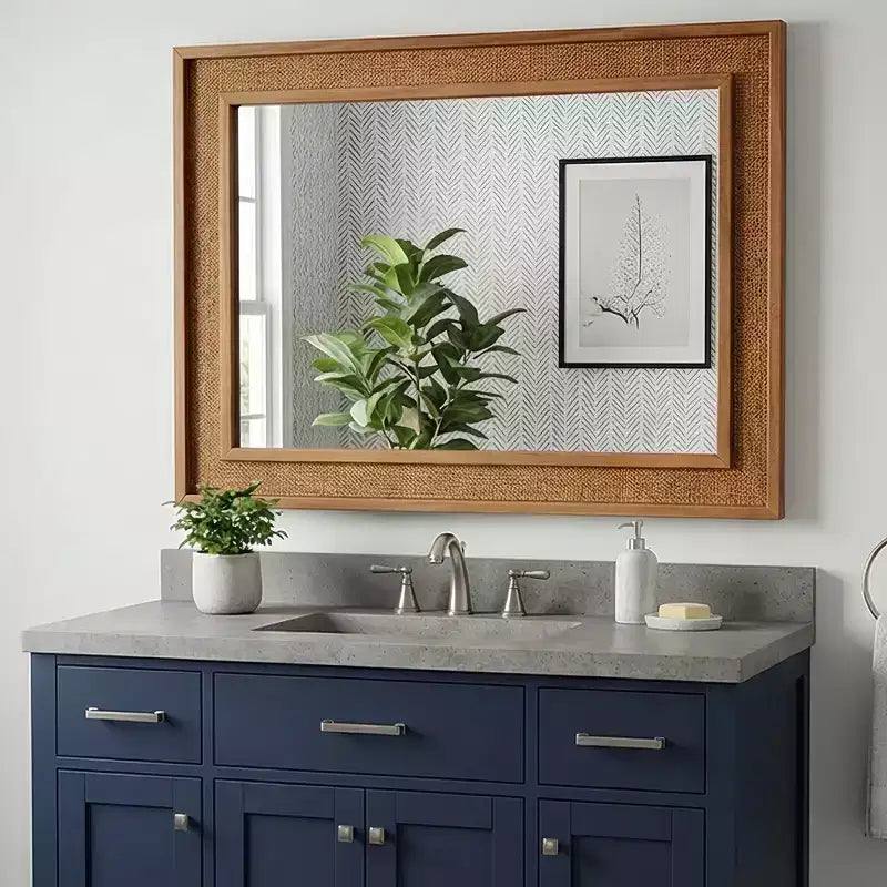 Specchio decorativo rettangolare in rattan con cornice in legno massello, per fattoria, bagno, decorazione per la casa, ingresso