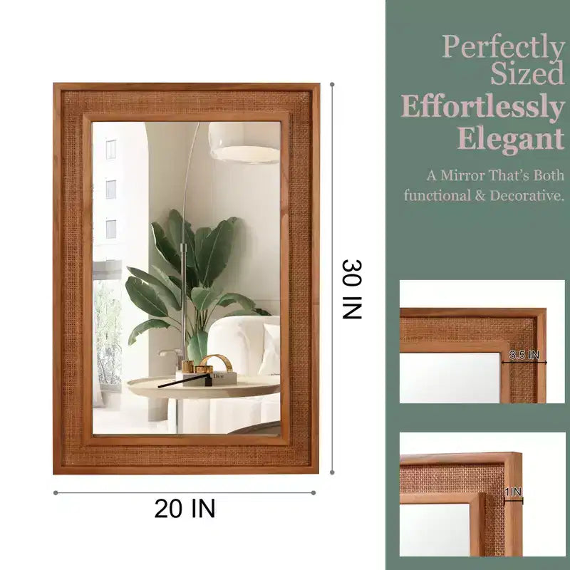 Specchio decorativo rettangolare in rattan con cornice in legno massello, per fattoria, bagno, decorazione per la casa, ingresso