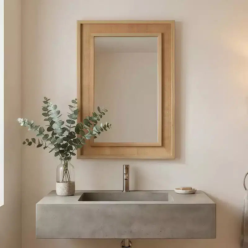 Specchio decorativo rettangolare in rattan con cornice in legno massello, per fattoria, bagno, decorazione per la casa, ingresso