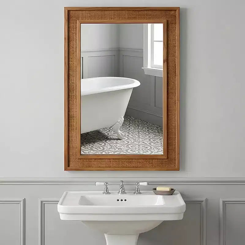 Specchio decorativo rettangolare in rattan con cornice in legno massello, per fattoria, bagno, decorazione per la casa, ingresso