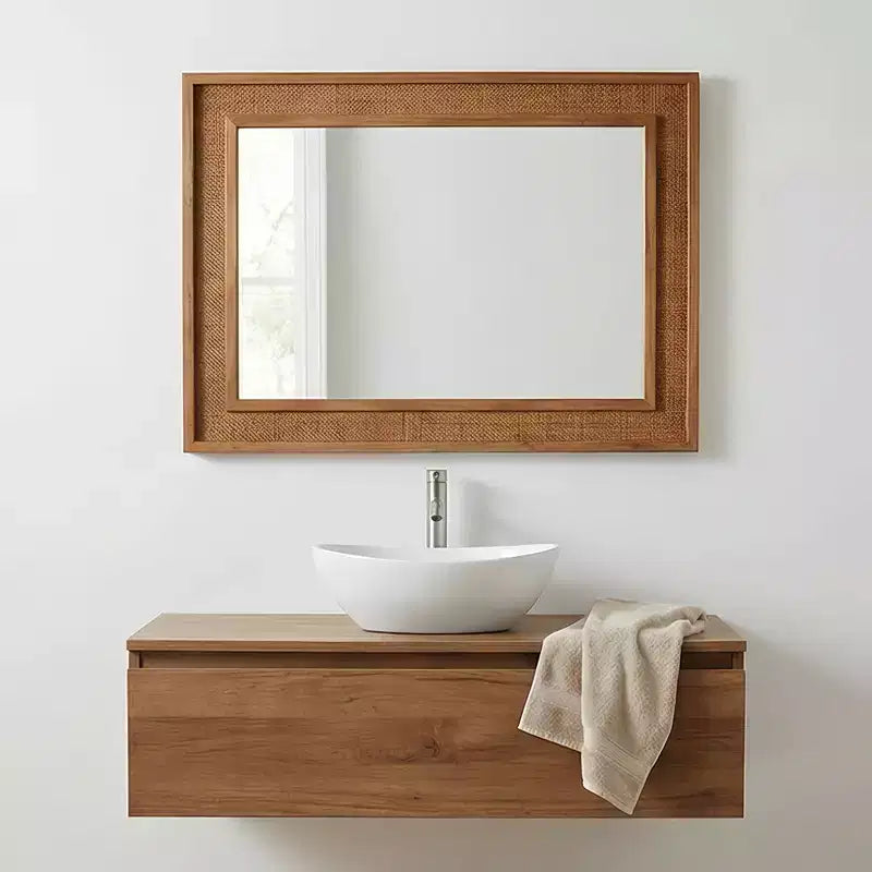Specchio decorativo rettangolare in rattan con cornice in legno massello, per fattoria, bagno, decorazione per la casa, ingresso