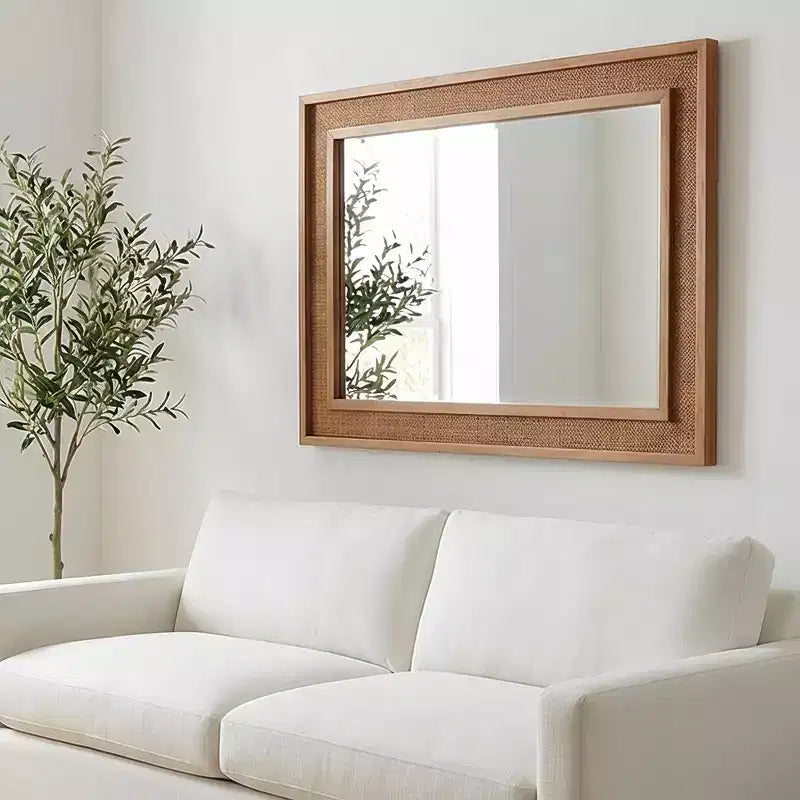 Specchio decorativo rettangolare in rattan con cornice in legno massello, per fattoria, bagno, decorazione per la casa, ingresso