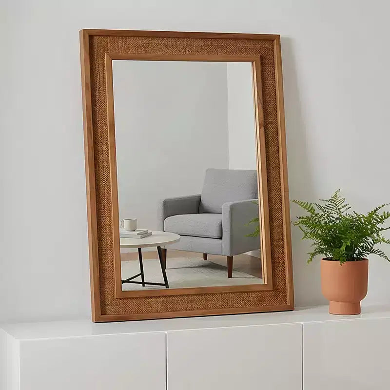 Specchio decorativo rettangolare in rattan con cornice in legno massello, per fattoria, bagno, decorazione per la casa, ingresso