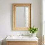 Specchio decorativo rettangolare in rattan con cornice in legno massello, per fattoria, bagno, decorazione per la casa, ingresso