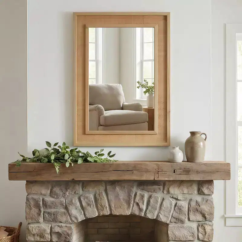 Specchio decorativo rettangolare in rattan con cornice in legno massello, per fattoria, bagno, decorazione per la casa, ingresso