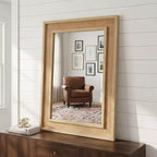 Specchio decorativo rettangolare in rattan con cornice in legno massello, per fattoria, bagno, decorazione per la casa, ingresso