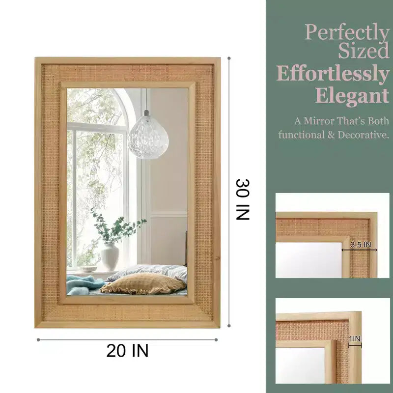 Specchio decorativo rettangolare in rattan con cornice in legno massello, per fattoria, bagno, decorazione per la casa, ingresso