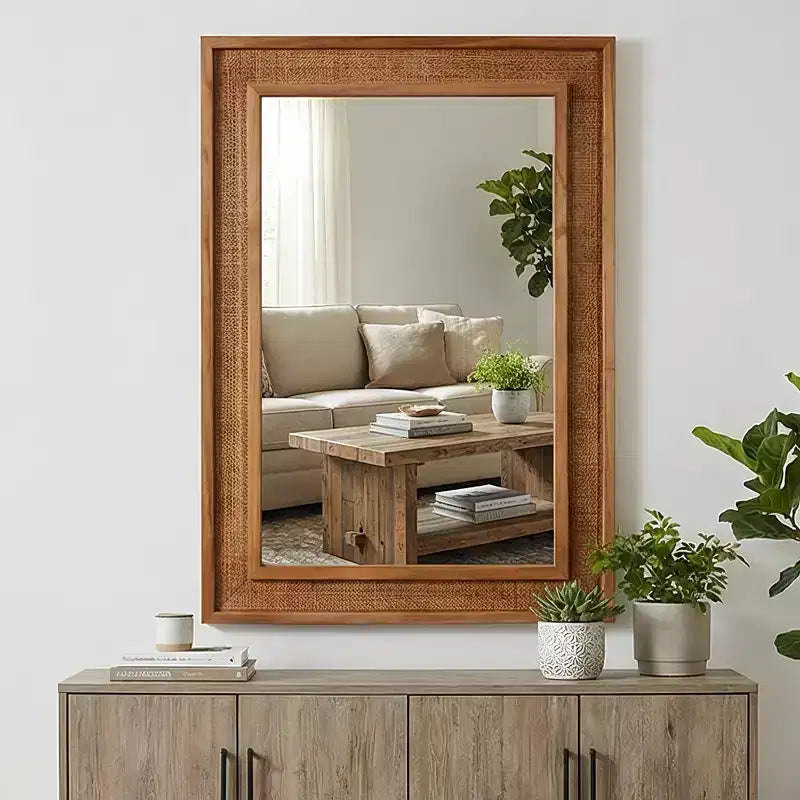 Specchio decorativo rettangolare in rattan con cornice in legno massello, per fattoria, bagno, decorazione per la casa, ingresso
