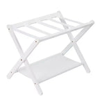 Folding Bamboo Luggage Rack with 2-Tier Shelf  White Suitcase Stand Holds 110 Lb, Space-Saving Travel Organizer