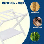 Portavaligie Pieghevole in Bambù con Scaffale a 2 Ripiani, Supporto per Valigie Bianco, Regge 50 kg, Organizzatore da Viaggio Salvaspazio