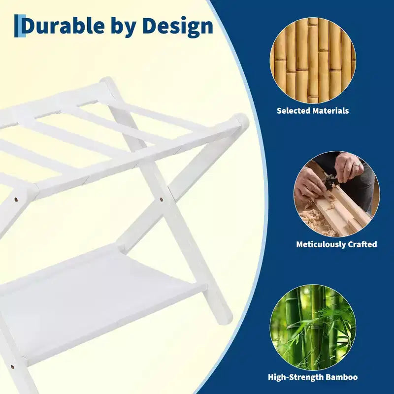 Portavaligie Pieghevole in Bambù con Scaffale a 2 Ripiani, Supporto per Valigie Bianco, Regge 50 kg, Organizzatore da Viaggio Salvaspazio