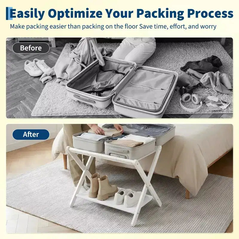 Portavaligie Pieghevole in Bambù con Scaffale a 2 Ripiani, Supporto per Valigie Bianco, Regge 50 kg, Organizzatore da Viaggio Salvaspazio