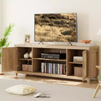 Mobile TV in Rattan da 75 pollici, Porta TV Boho con Ripiani Regolabili, Mobile TV e Multimediale in Quercia Naturale con 2 Ripiani per Soggiorno e Camera da Letto