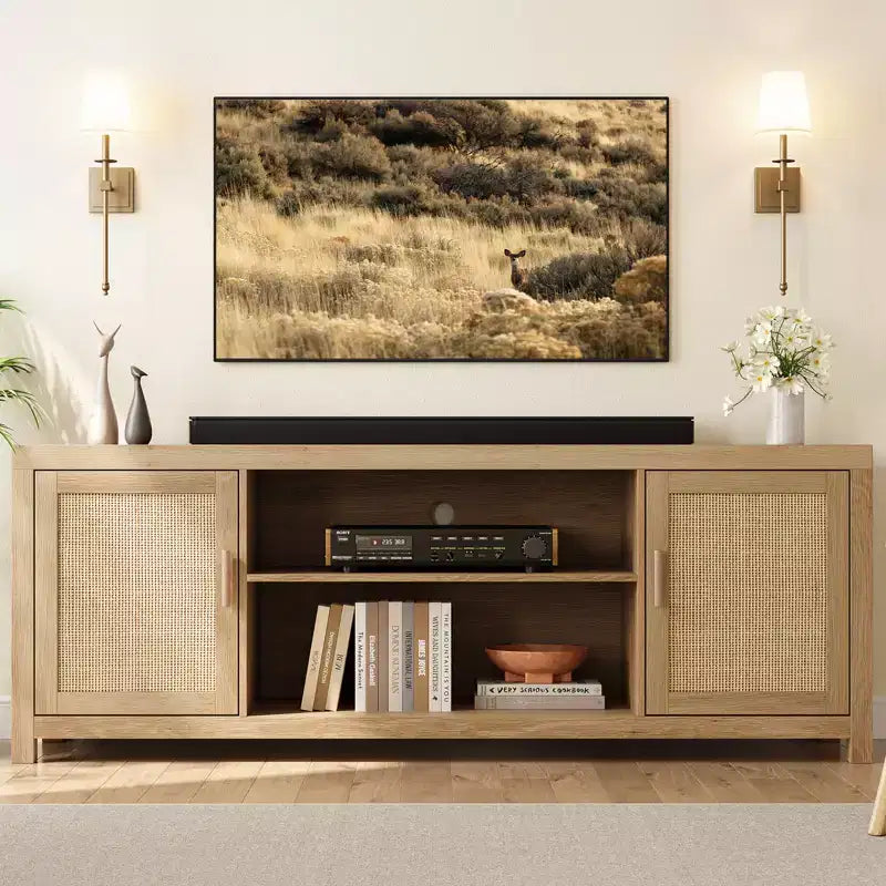 Mobile TV in Rattan da 75 pollici, Porta TV Boho con Ripiani Regolabili, Mobile TV e Multimediale in Quercia Naturale con 2 Ripiani per Soggiorno e Camera da Letto