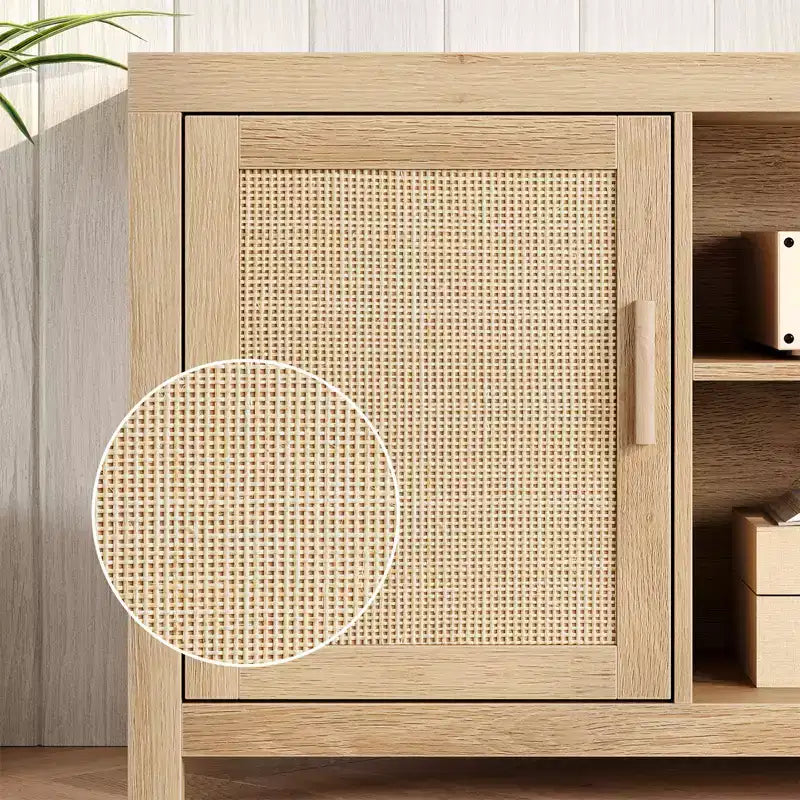 Mobile TV in Rattan da 75 pollici, Porta TV Boho con Ripiani Regolabili, Mobile TV e Multimediale in Quercia Naturale con 2 Ripiani per Soggiorno e Camera da Letto