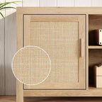 Mobile TV in Rattan da 75 pollici, Porta TV Boho con Ripiani Regolabili, Mobile TV e Multimediale in Quercia Naturale con 2 Ripiani per Soggiorno e Camera da Letto