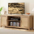Rattan TV Stand for 75 inch, Boho Entertainment Center with Adjustable Shelves, Natural Oak TV & Media Cabinet 2-Tier Storage for Living Room Bedroom