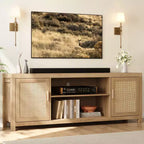 Mobile TV in Rattan da 75 pollici, Porta TV Boho con Ripiani Regolabili, Mobile TV e Multimediale in Quercia Naturale con 2 Ripiani per Soggiorno e Camera da Letto