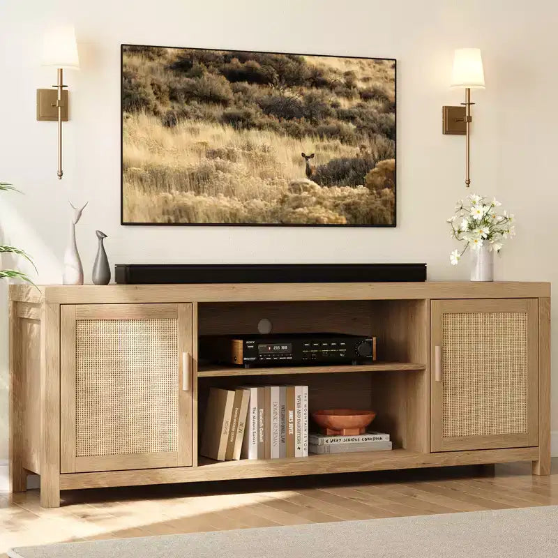 Mobile TV in Rattan da 75 pollici, Porta TV Boho con Ripiani Regolabili, Mobile TV e Multimediale in Quercia Naturale con 2 Ripiani per Soggiorno e Camera da Letto