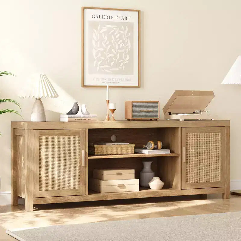 Mobile TV in Rattan da 75 pollici, Porta TV Boho con Ripiani Regolabili, Mobile TV e Multimediale in Quercia Naturale con 2 Ripiani per Soggiorno e Camera da Letto
