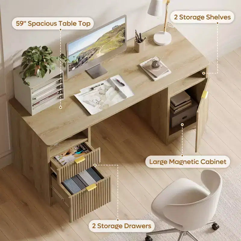 Bestier Scrivania Direzionale Moderna da 150cm con Spazio Contenitivo, Scrivania da Ufficio a Casa in Legno con 2 Cassetti e 3 Vani, Scrivania Scanalata per Studio e Soggiorno