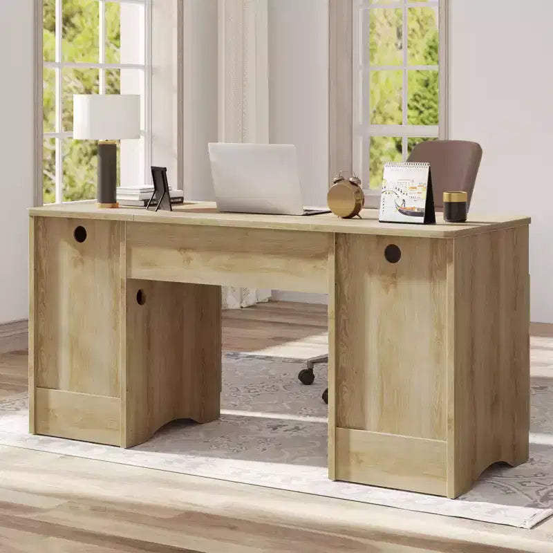 Bestier Scrivania Direzionale Moderna da 150cm con Spazio Contenitivo, Scrivania da Ufficio a Casa in Legno con 2 Cassetti e 3 Vani, Scrivania Scanalata per Studio e Soggiorno