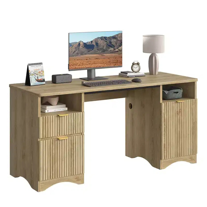 Bestier Scrivania Direzionale Moderna da 150cm con Spazio Contenitivo, Scrivania da Ufficio a Casa in Legno con 2 Cassetti e 3 Vani, Scrivania Scanalata per Studio e Soggiorno
