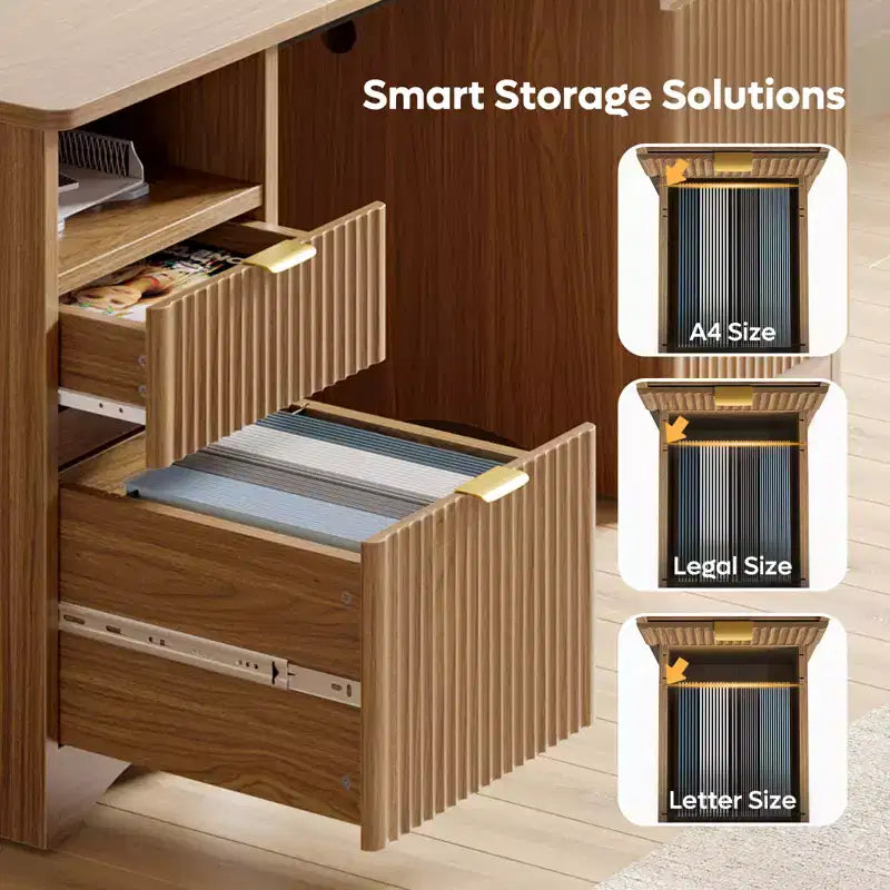 Bestier Scrivania Direzionale Moderna da 150cm con Spazio Contenitivo, Scrivania da Ufficio a Casa in Legno con 2 Cassetti e 3 Vani, Scrivania Scanalata per Studio e Soggiorno